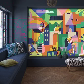 Papier peint panoramique Les Voisins Vert Etoffe.com x Claire Prouvost